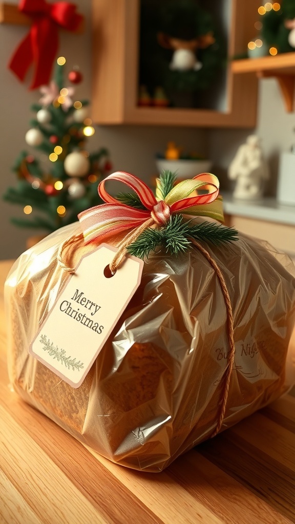 A wrapped loaf of homemade bread with festive decorations in a cozy kitchen.